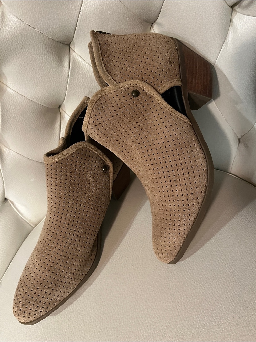 Adam Tucker Taupe Perforated Suede Ankle Booties